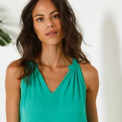 Robe à volants unie emmanchures américaines, crépon