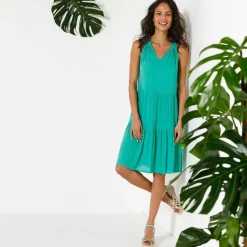 Robe à volants unie emmanchures américaines, crépon