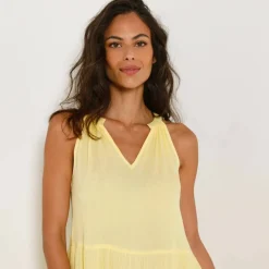 Robe à volants unie emmanchures américaines, crépon