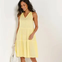 Robe à volants unie emmanchures américaines, crépon