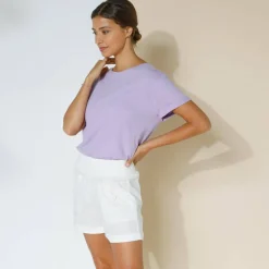 Short droit à revers, lin coton