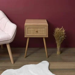 Table de chevet bois - 1 tiroir cannage rotin