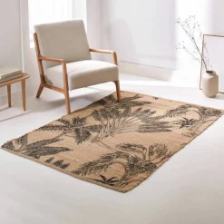 Tapis rectangulaire en jute, motif végétal