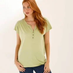 Tee-shirt col tunisien manches courtes, uni