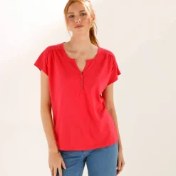 Tee-shirt col tunisien manches courtes, uni