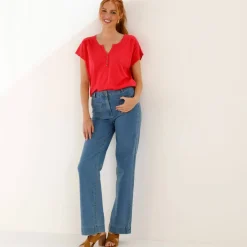 Tee-shirt col tunisien manches courtes, uni