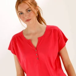 Tee-shirt col tunisien manches courtes, uni