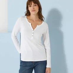 Tee-shirt col tunisien manches longues, uni
