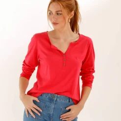 Tee-shirt col tunisien manches longues, uni