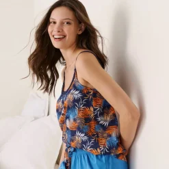 Top de pyjama en coton et macramé - imprimé tropical