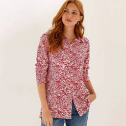 T-shirt boutonné imprimé manches longues, forme tunique