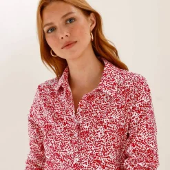 T-shirt boutonné imprimé manches longues, forme tunique