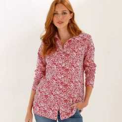 T-shirt boutonné imprimé manches longues, forme tunique