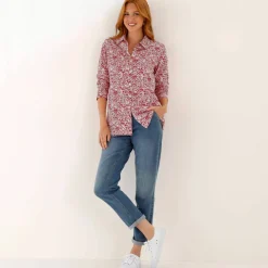 T-shirt boutonné imprimé manches longues, forme tunique