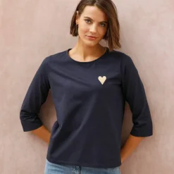 T-shirt boutonné uni broderie coeur en coton biologique(**)