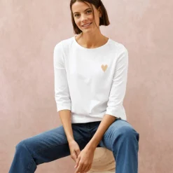 T-shirt boutonné uni broderie coeur en coton biologique(**)