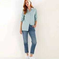 T-shirt boutonné uni manches longues, forme tunique