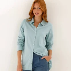 T-shirt boutonné uni manches longues, forme tunique