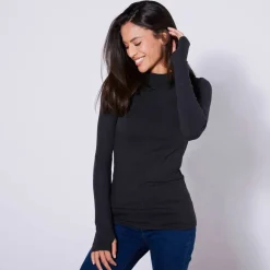 T-shirt chaleur manches longues avec trous pour les pouces- col cheminée