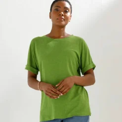 T-shirt col rond en lin mélangé, manches courtes
