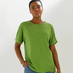 T-shirt col rond en lin mélangé, manches courtes