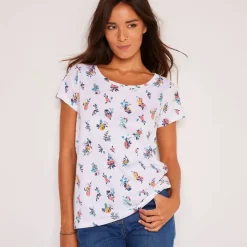 T-shirt col rond imprimé fleuri coton