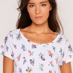 T-shirt col rond imprimé fleuri coton