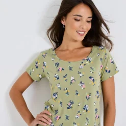 T-shirt col rond imprimé fleuri coton