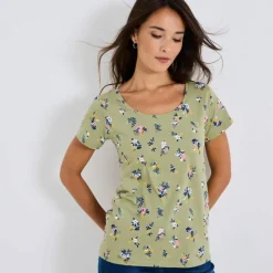 T-shirt col rond imprimé fleuri coton