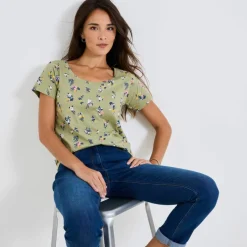 T-shirt col rond imprimé fleuri coton