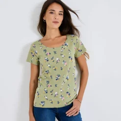 T-shirt col rond imprimé fleuri coton