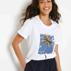 T-shirt col rond imprimé palmier, volume loose