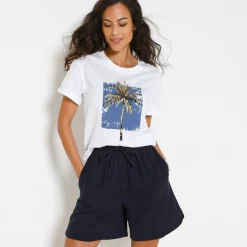 T-shirt col rond imprimé palmier, volume loose