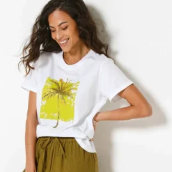 T-shirt col rond imprimé palmier, volume loose