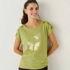T-shirt col rond imprimé papillon doré