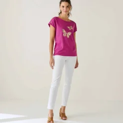 T-shirt col rond imprimé papillon doré