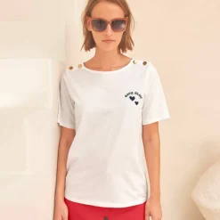 T-shirt col rond, imprimé placé