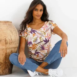 T-shirt col rond imprimé tropical
