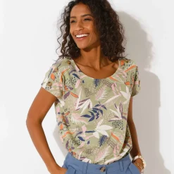 T-shirt col rond imprimé tropical