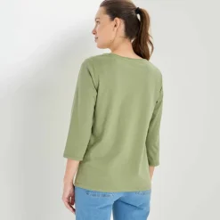T-shirt col rond manches 3/4, broderie anglaise