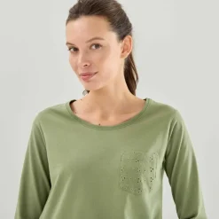 T-shirt col rond manches 3/4, broderie anglaise