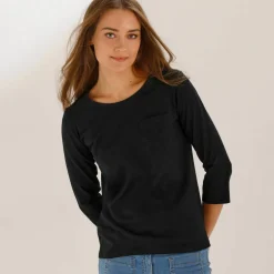 T-shirt col rond manches 3/4, broderie anglaise