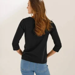 T-shirt col rond manches 3/4, broderie anglaise