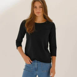 T-shirt col rond manches 3/4, broderie anglaise