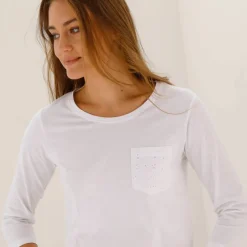 T-shirt col rond manches 3/4, broderie anglaise