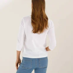 T-shirt col rond manches 3/4, broderie anglaise