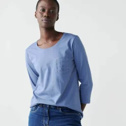 T-shirt col rond manches 3/4, broderie anglaise