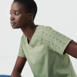 T-shirt col rond manches courtes, détail broderie anglaise
