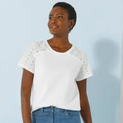 T-shirt col rond manches courtes, détail broderie anglaise