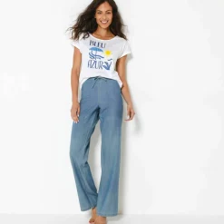 T-shirt col rond manches courtes, imprimé placé "Bleu azur"